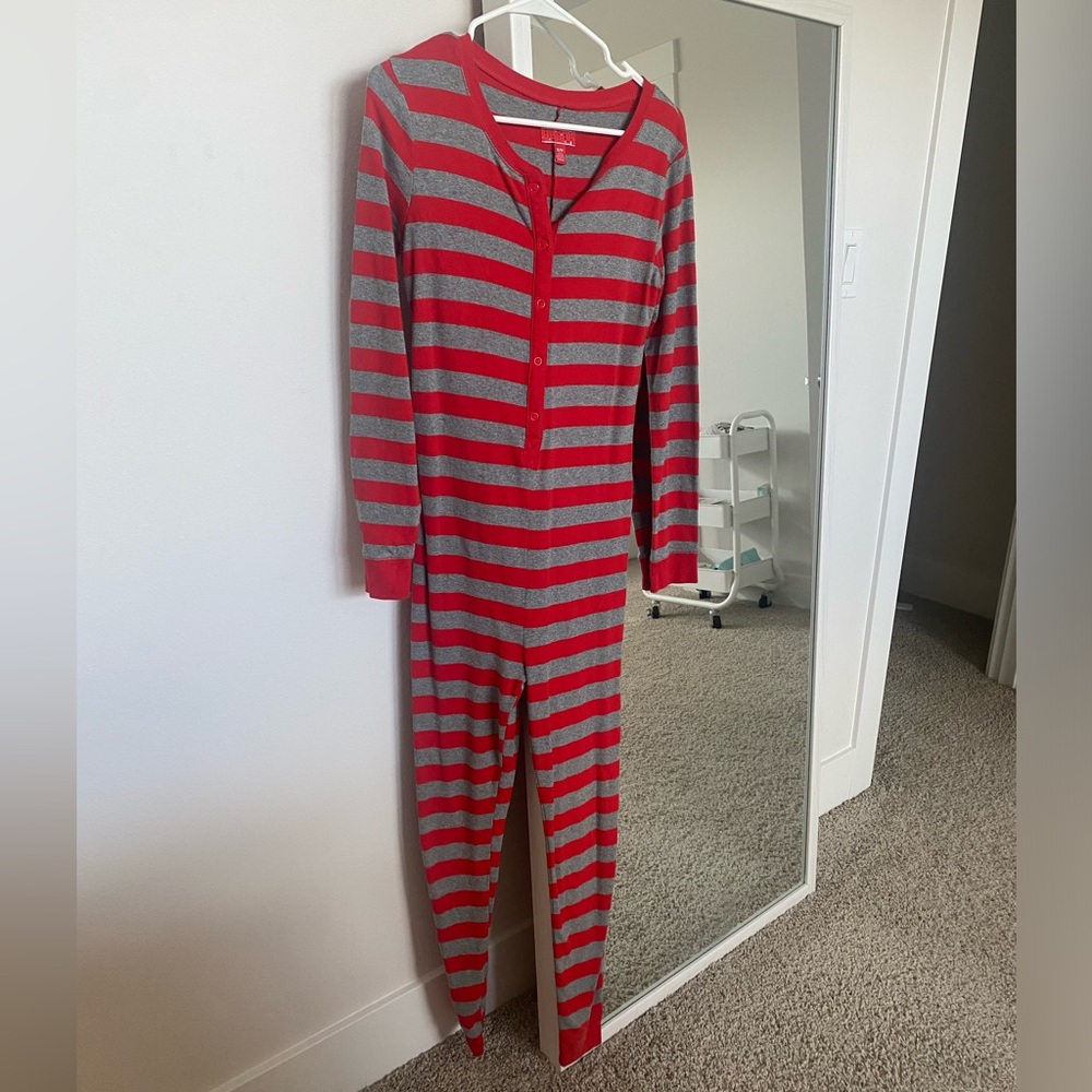 Red and gray striped adult onsie